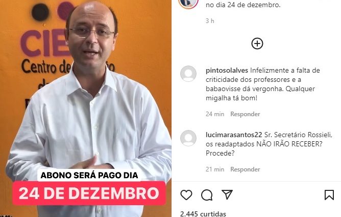 Rossieli diz que 1ª Parcela do Abono Fundeb será paga dia 24